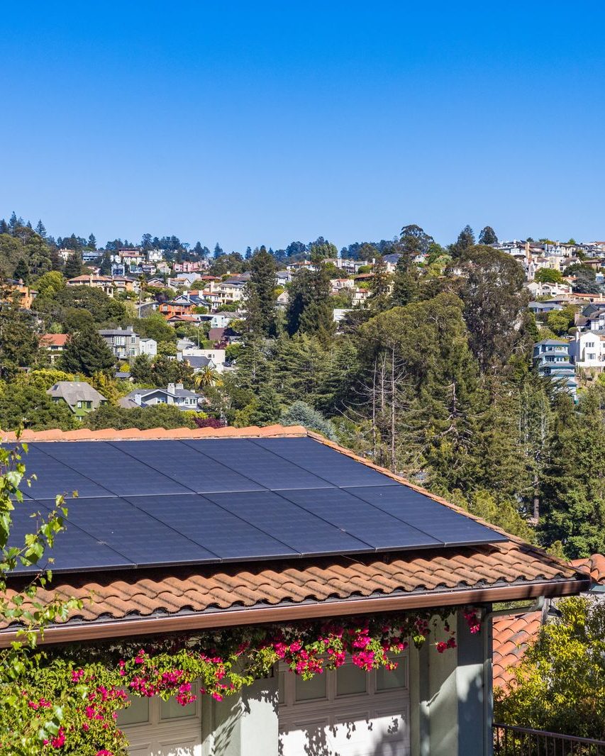Rooftop solar panels on a tile roof home with palm trees